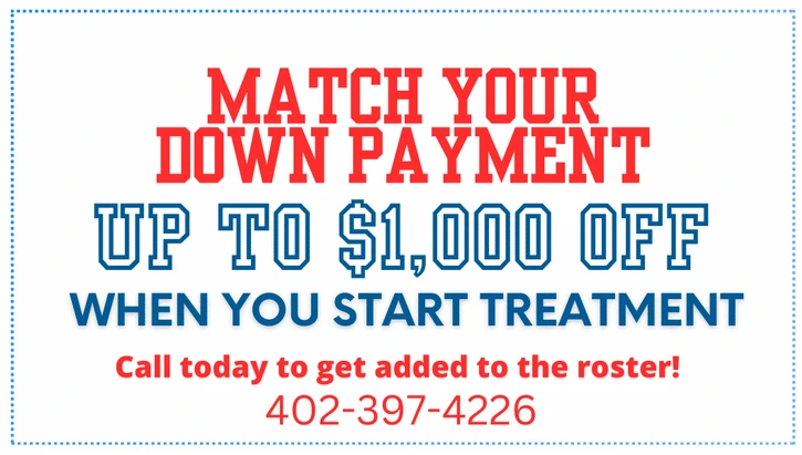 Promotional offer for orthodontic treatment matching down payment up to $1,000 off with phone number.