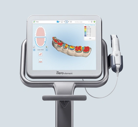 Digital orthodontic scanner displaying 3D dental model of teeth on tablet screen with handheld device.