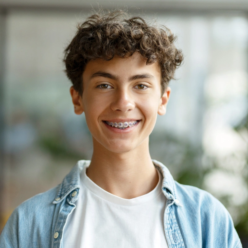 Smiling teenage boy in casual denim shirt against blurred indoor background.