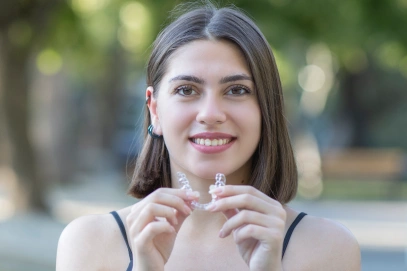 Young woman smiling outdoors, holding clear aligner or retainer near mouth, park setting background.
